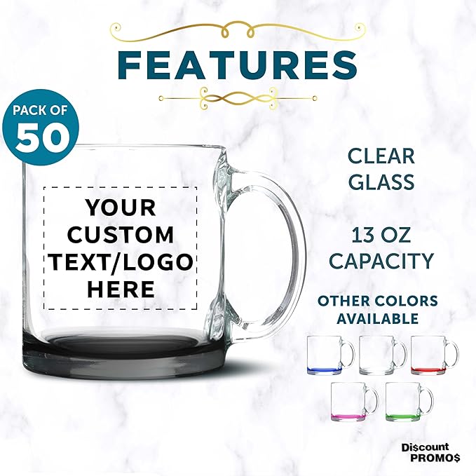 Custom Libbey Clear Glass Coffee Mugs 13 oz. Set of 50, Personalized Bulk Pack - Perfect for Coffee, Tea, Espresso, Hot Cocoa, Other Beverages - Black Bottom