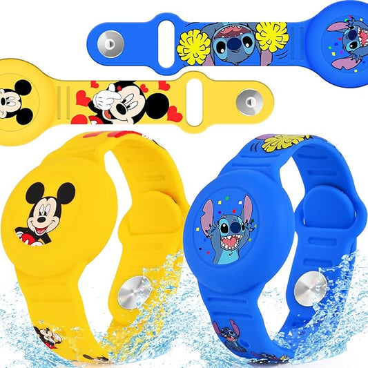 2 Pack AirTag Bracelet for Kids, Waterproof Cute Cartoon Air tag Holder for Kids with Watch Band Design, Full Coverage Silicone Airtag Hidden Accessories for Child, Healthy Material Blue + Yellow