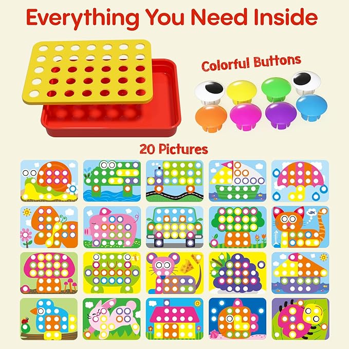 AMOSTING Button Art Toy – Educational Color Matching Mosaic Pegboard Sensory Learning Activity for Kids Age 3 4 5, Preschool Gift for Toddlers, Boys and Girls