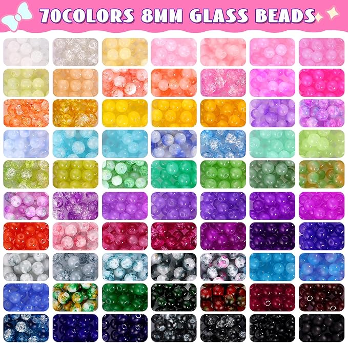 Funtopia 8mm Glass Beads Bracelet Making Kit, 1540pcs 70 Colors Crystal Beads for Jewelry Making, Round Glass Beads for Bracelets and DIY Crafts, Solid and Crackle Colors