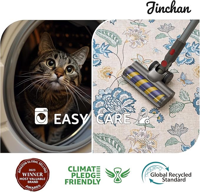 jinchan 6ft Floral Round Rug for Dining Room Washable Living Room Rug Vintage Romance Design Non Slip Indoor Floor Cover Lightweight Low-Profile Throw Carpet for Bedroom Porch Patio, Blue/Beige