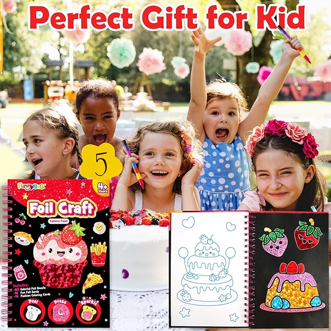 FUNNYB&G Foil Art Craft Activity for Kids - Gift for Girls Crafts for Kids Fun Art Supplies DIY Creative Travel Toy, Birthday Gift Party Favor Toys for Girls Boys 4 5 6 7 8 9 Years Old (Food)