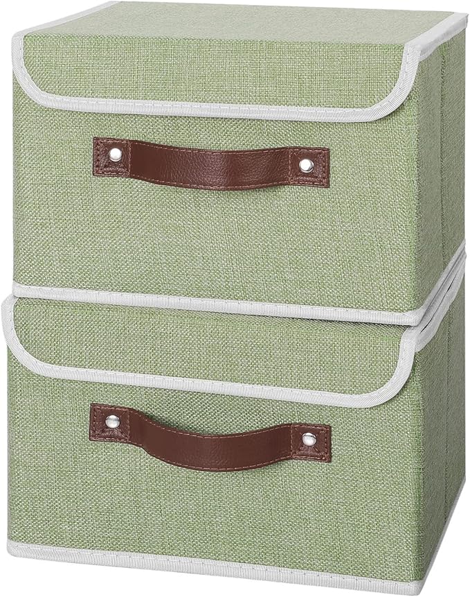 ANMINY 2PCS Storage Bins with Lid PU Leather Handles Storage Boxes PP Plastic Board Decorative Foldable Lidded Cotton Linen Fabric Home Cubes Baskets Closet Organizer Containers - Green, Small Size