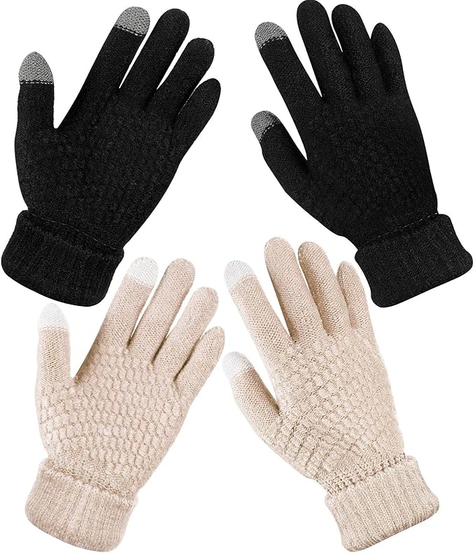 Geyoga 2 Pairs Women's Winter Touch Screen Gloves Soft Warm Fleece Lined Knit Elastic Cuff Winter Texting Gloves