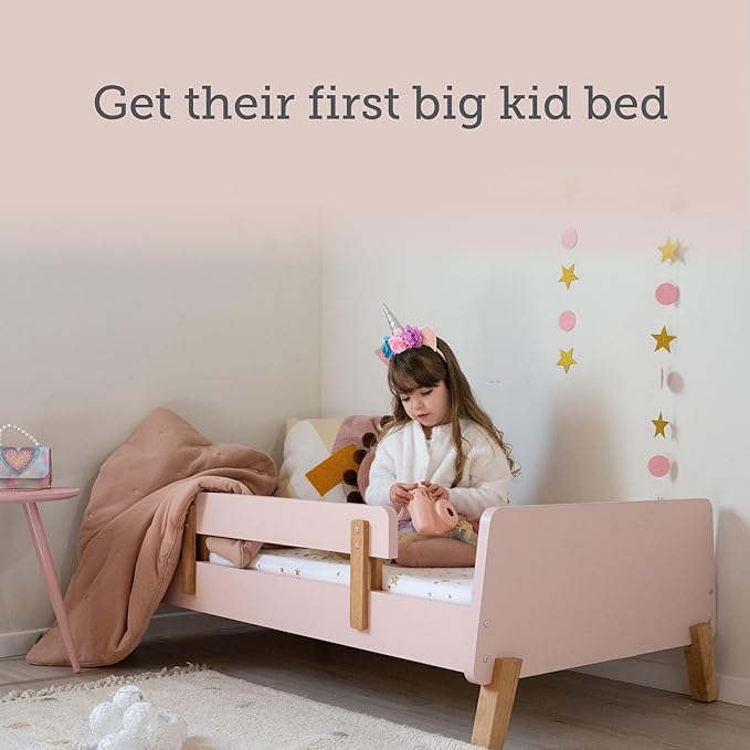 dadada Muse Toddler Bed with 2 Removable Safety Rails. Low Profile Montessori Bed for Kids. Sturdy Solid Wood Frame, Fits Standard Crib Mattress, Easy to Assemble, Toddler Bed for Girls & Boys - Pink