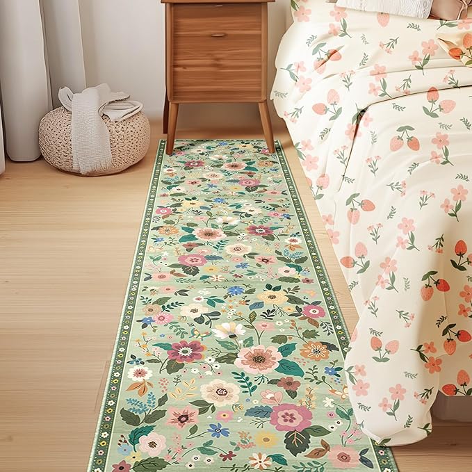 Floral 2x8 Area Rug Machine Washable Soft Print Boho Carpet Non Slip Doormat Low Pile Flower Area Rugs for Living Room Bedroom Nursery Kitchen Dining Room Indoor-Light Green