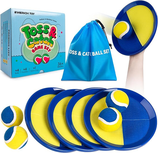 EVERICH Upgraded Toss and Catch Ball Game Set - Indoor and Outdoor Games for Kids 3-12, Beach Sand Pool Water Toy Includes 4 Paddles 4 Sticky Balls, Great Birthday Easter Gifts for Boys Girls