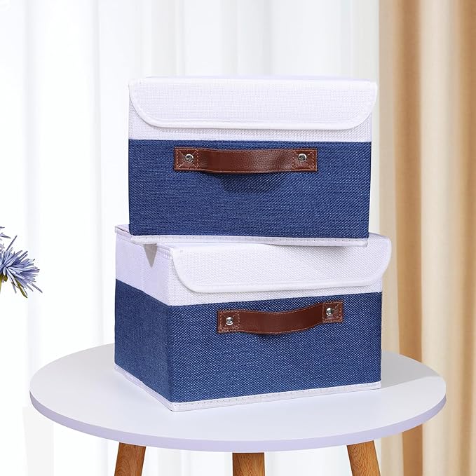 ANMINY 4PCS Storage Boxes with Lid Washable Decorative Storage Bin Basket with PU Leather Handle Foldable Linen Fabric Storage Cube Container for Home Closet Organizer - Deep Blue White, Small Size