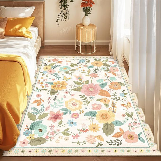 Floral 3x5 Area Rug Machine Washable Soft Print Boho Carpet Non Slip Doormat Low Pile Flower Area Rugs for Living Room Bedroom Nursery Kitchen Dining Room Indoor-Beige/White/Orange