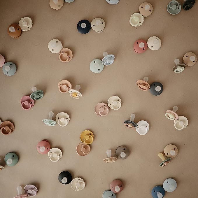 FRIGG Daisy Night SilkySoft Silicone Baby Pacifier | Made in Denmark | BPA-Free (French Gray/Croissant, 6-18 Months)