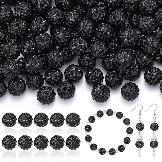 200pcs 10mm Rhinestone Beads for Jewelry Making, Black Shiny Round Disco Ball Beads Bulk, Sparkle Crystal Clay Christmas for Bracelet Baseball Necklace Earring Crafting and DIY