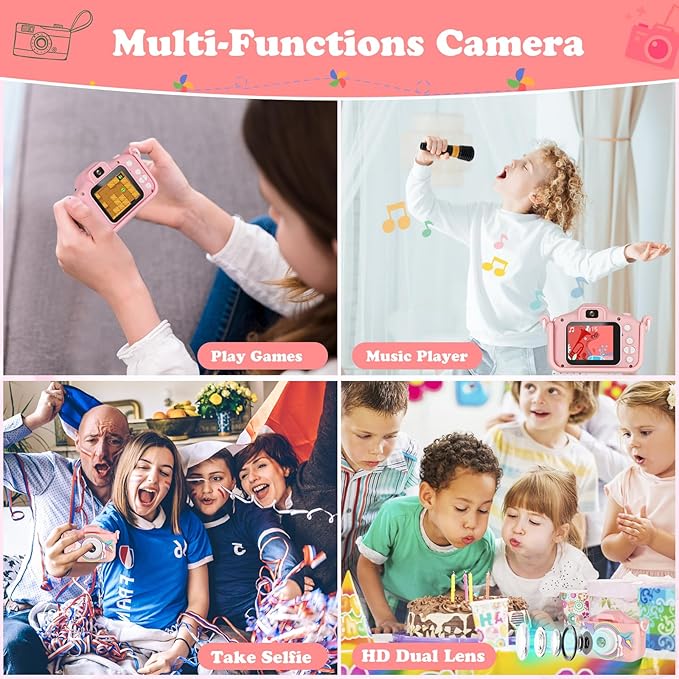 Kids Camera,HD Digital Video Camera with Protective Cover,Childrens Toys for 3 4 5 6 7 8 9 Year Old Boys/Girls,Selfie Camera for Kids,Christmas Birthday Gifts with 32GB SD Card (Unicorn Pink)