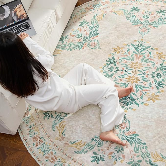 jinchan Round Rug 7ft Area Rugs,Vintage Floral Distressed Design Machine Washable Soft Non-Slip Low-Pile Ultra-Thin Circle Rug for Living Room Dining Room Bedroom Home Office (7' Round,Apricot Multi)
