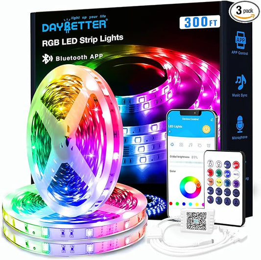 DAYBETTER Smart RGB Led Strip Lights, 300ft Led Lights for Bedroom with App Control, Multicolor Changing Led Light Strips Apply for Home Decor, Living Room, Kitchen, Home Party Decoration