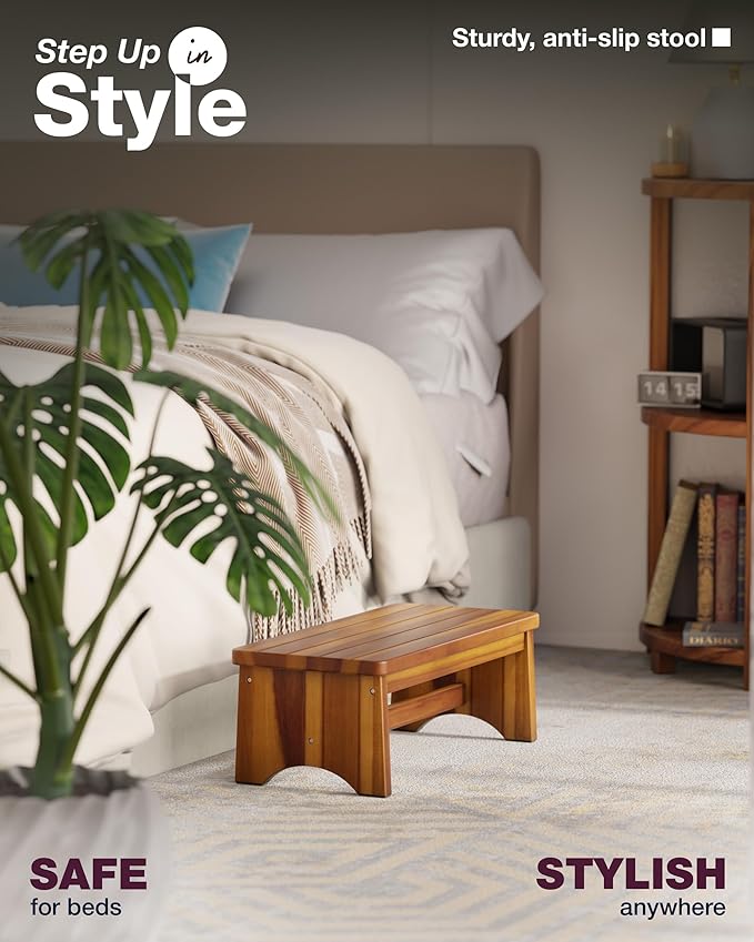 Extra Wide 26in Wooden Step Stool, Heavy Duty One Step Stool for Adults and Seniors, Holds Up to 550 lbs, Reinforced Cross Bar, Non-Skid Surface, Multipurpose Use for Kitchen, Bathroom, Bedroom