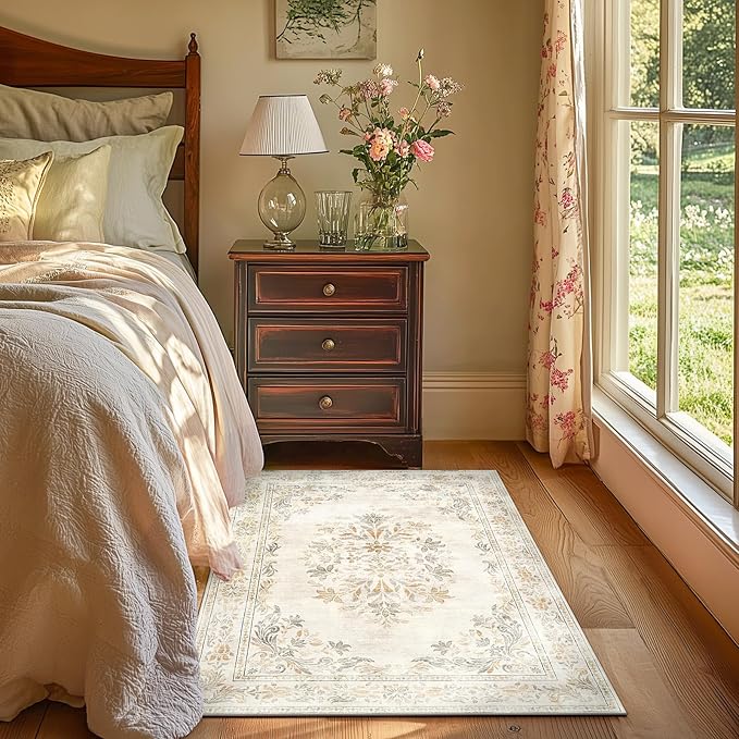 jinchan Vintage Floral 3x5 Area Rugs for Entryway - Machine Washable Distressed Design Ultra-Thin Low-Pile Soft Non-Shedding Carpet for Kitchen Bedroom Entrance Laundry Living Room (3x5ft,Light Grey)