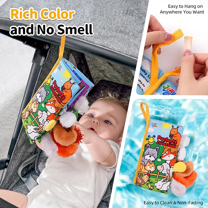 Jollybaby Baby Cloth Books, Touch & Feel Crinkle Soft Books, for Infants Babies, Toddler Early Educational Interactive Stroller Toys, Baby Girl & Boy Gift(Plush Tails)