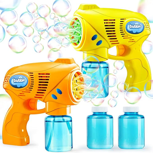 JOYIN 2 Bubble Guns with 2 Refill Solution (10 oz Total), Bubbles Maker, Blower for Kids, Toddlers, Outdoors Activity, Birthday Gift, Easter Basket Stuffers (Yellow+Orange)