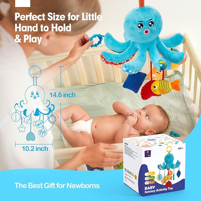 hahaland Baby Toys 0-6 Months - Car Seat Toys Octopus Toy with Pulling Cords, Squeaky, Crinkle, Rattle, Mirror, Montessori Newborn Sensory 4 Month Babies Gift Stroller Carseat Hanging Toy for Baby Gym