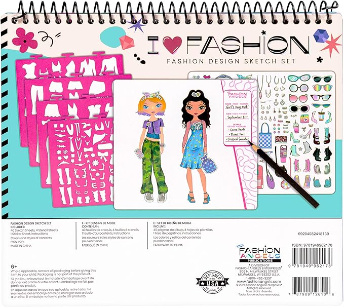 Fashion Angels I Love Fashion Sketch Portfolio, Includes Sketch Pad with Stencils & Stickers, Fashion Design Sketch Book for Girls, Ideal Drawing Kit for Kids