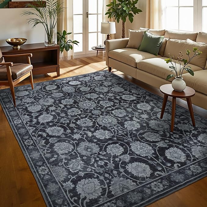Area Rug 5x7 for Living Room & Bedroom, Large Washable Rugs, Soft & Non Slip, Vintage Carpet, Low Pile Wool Carpets for Indoor Under Table Dining Home Office Nursery Playroom, Black