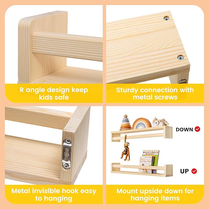 Fun Memories Nursery Book Shelves - Rustic Natural Solid Wood Floating Bookshelf for Kids - Wall Book Shelves for Kids Room (Natural, 32inch - 4P)