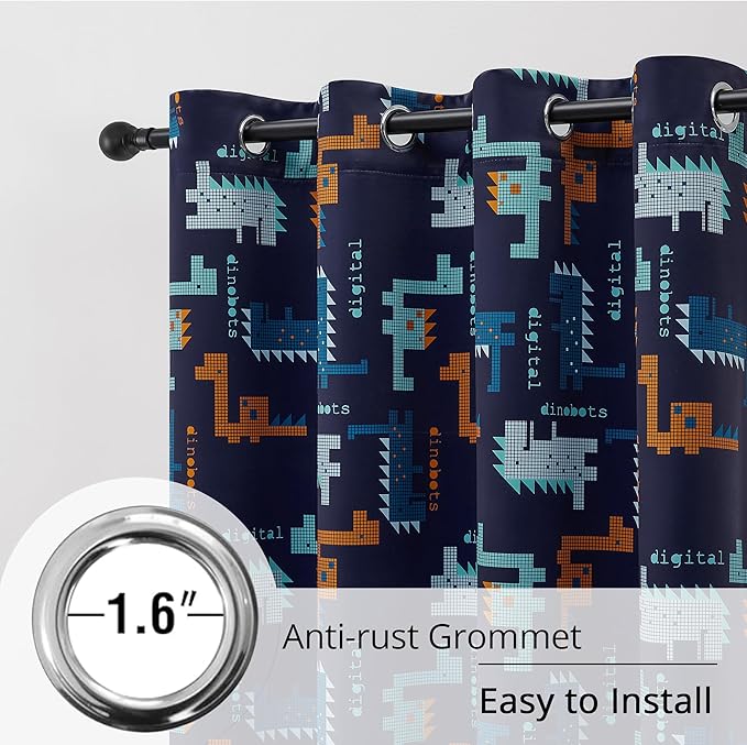 Kids Blackout Curtains - Pixel Dinosaur Curtains, 100% Blackout, 2 Panels, Each W52×L63, Thermal Insulated, Noise Reducing for Kids Bedroom, Bring a Playful and Retro Touch to Your Child’s Room