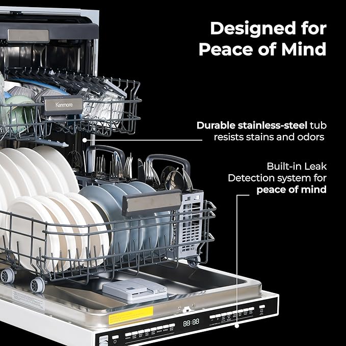 Kenmore 22-14622 24" Built-in Dishwasher-Quiet Tub with TurboDry, Leak, & SmartWash Soil Detection-15 Place Settings-49 DBA-Energy Star Certified, 24.61"D x 23.55"W x 33.88"H, White