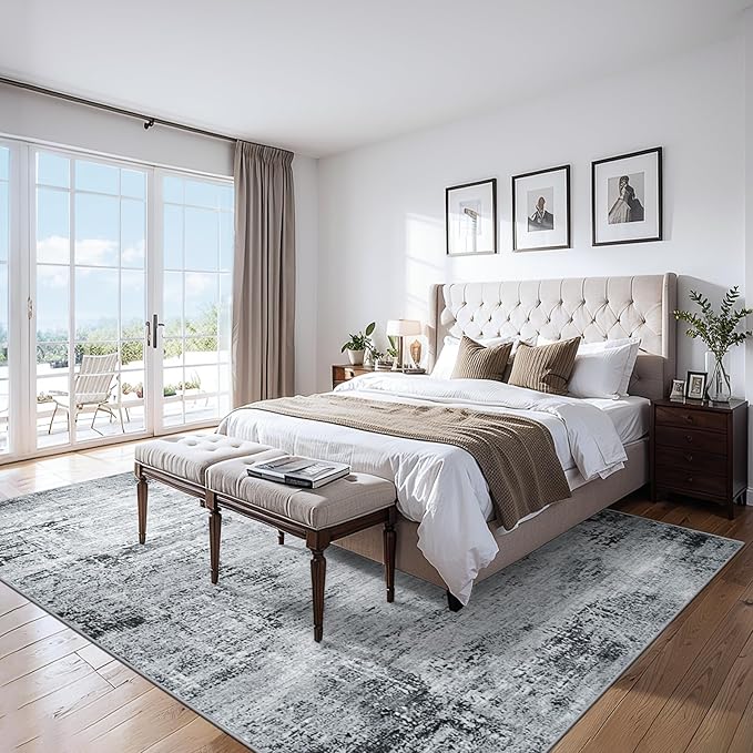 Area Rugs Living Room Rug - 4x6 Washable Modern Abstract Soft Neutral Non-Slip Carpet Large Indoor Floor Thin Carpets for Bedroom Dining Room Farmhouse Nursery Home Office Black