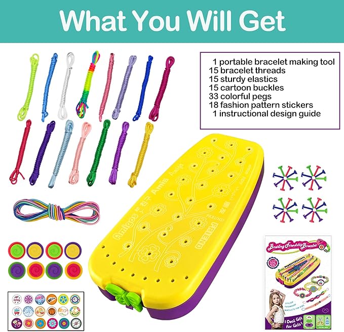 Friendship Bracelet Making Kit Toys, Ages 7 8 9 10 11 12 Year Old Girls Gifts Ideas, Birthday Present for Teen Girl, Arts and Crafts String Maker Tool, Bracelet DIY, Kids Travel Activity Set