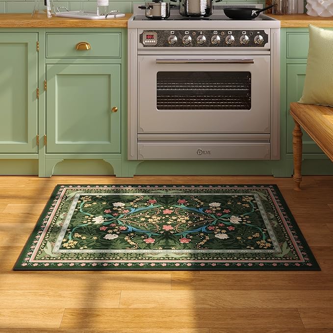 Door Mat Indoor Entrance 2x3 Rug Machine Washable Vintage Floral Botanical Small Area Rug Non-Slip Low Pile Throw Rugs for Entryway, Kitchen, Front Door Entrance, Entry, Kids Room, Green