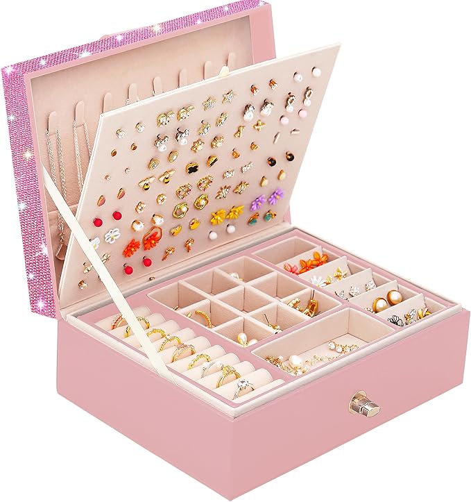 Jewelry Box for Earrings for Girls Jewelry Organizer Box Earring Holder Organizer for Girls Earring Box Jewelry Box Stud Earring Organizer for Girls Earring Jewelry Boxes for Women Pink Bling