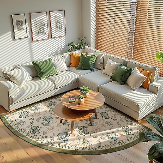 jinchan Floral Corner Rug for Living Room Washable Bedroom Rug Vintage Romance Design Non Slip Quarter Circle Lightweight Low-Pile Throw Carpet for Reading Nook Playroom,6ft Radius, Green/Beige