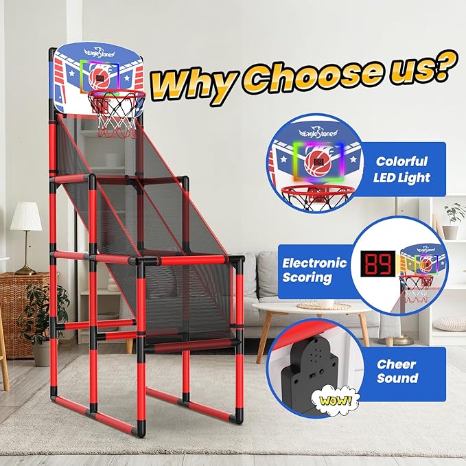 EagleStone 63IN Kids Arcade Basketball Hoop Indoor, LED Scoreboard Basketball Arcade Game Set for Outdoor with Cheer Sounds, Kids Basketball Toys for Boys Girls Age 3-5 5-7 4-8