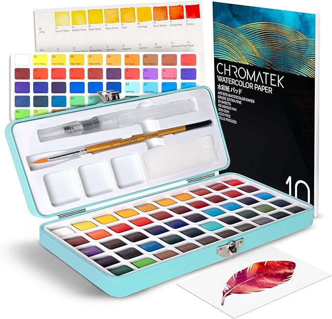 CHROMATEK Watercolor Paint Set – 50 Vivid Colors Including Transparent, Opaque & Pastel – Art Kit with Brush, Water Pen, Palette, Color Chart, Swatch Sheets, Pad & Metal Travel Case