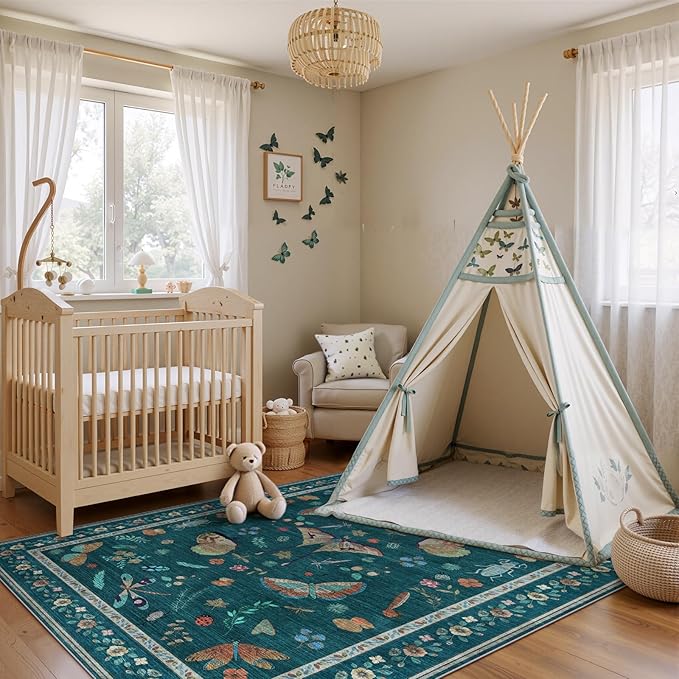 5x7 Washable Area Rug with Insect Print - Bug Rug Non-Shedding Stain Resistant Soft Carpet for Bedroom, Low Pile Ultra-Thin Machine Washable Carpet for Dining Room, Kids Nursery, Office (5'x7' Teal)