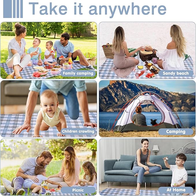 Extra Large Picnic Blanket 80''x 80'' Waterproof Foldable Picnic Mat for Beach, 5-Layer Outdoor Blanket for 6 to 8 Adults,Camping Grass Lawn Park Accessories Couple Park Wedding Registry(Blue Gray)