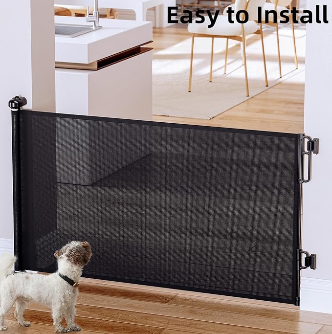 Cumbor Retractable Baby Gates for Stairs, Mom Choice Award Winner-55 Wide Mesh Dog Gate for Doorways, 34" Tall Easy to Use Pet Fence for The House, Toddler Safety Essentials Indoor&Outdoor, Black