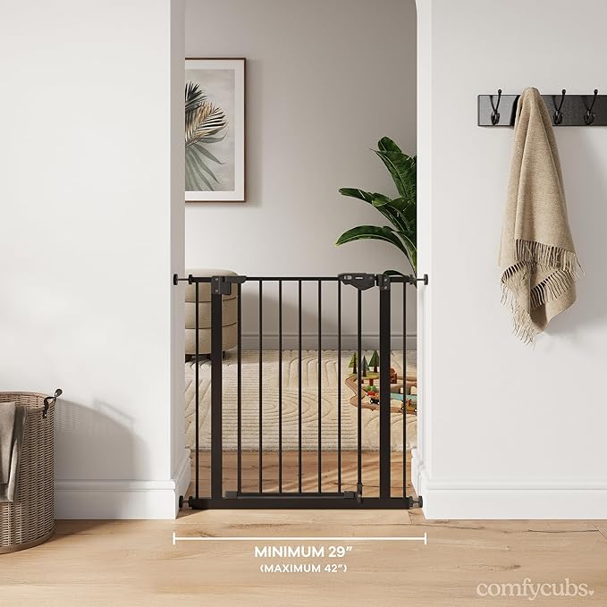 Comfy Cubs Baby Safety Gate with 3 Extensions - Adjustable 42" x 1.9" x 30" Q195 Steel Doorway Barrier - Powder-Coated Finish for Stairs and Doorways - Walk-Through Design Pet Gate - Black