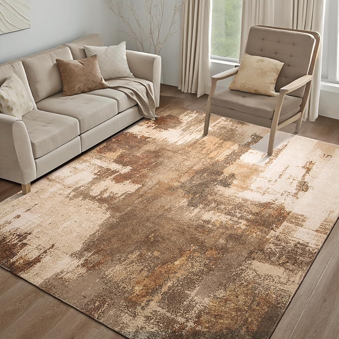 Kelarea Living Room Rug, 4x6 Rug Modern Abstract Washable Rugs Brown Foldable Faux Wool Vintage Carpets, Non Slip Rug for Bedroom, Dining Room, College Dorm, Kids Playroom, Home Office