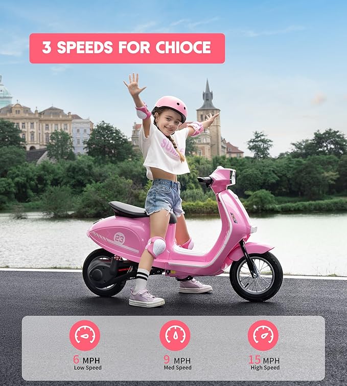 Kids Motorcycle, 2 Wheel Electric Motorcycle for Girls Ages 8-14, 24V Ride on Toys with Music, Story, Headlight, 3 Speed Options, Up to 60min Ride Time, for Riders up to 143 lbs, Easy Assemble, Pink
