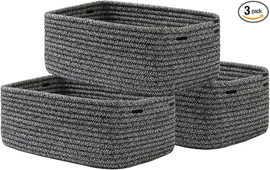 KALLAX Small Woven Basket, 13.5 x 9.5 x 5 Inches, Storage Basket for Organizing, Cute Small Rope Shelf Closet Cube Storage Bins Baskets for Shelves, Dog Toy Gift Baskets Empty, 3 Pack Mixed Black