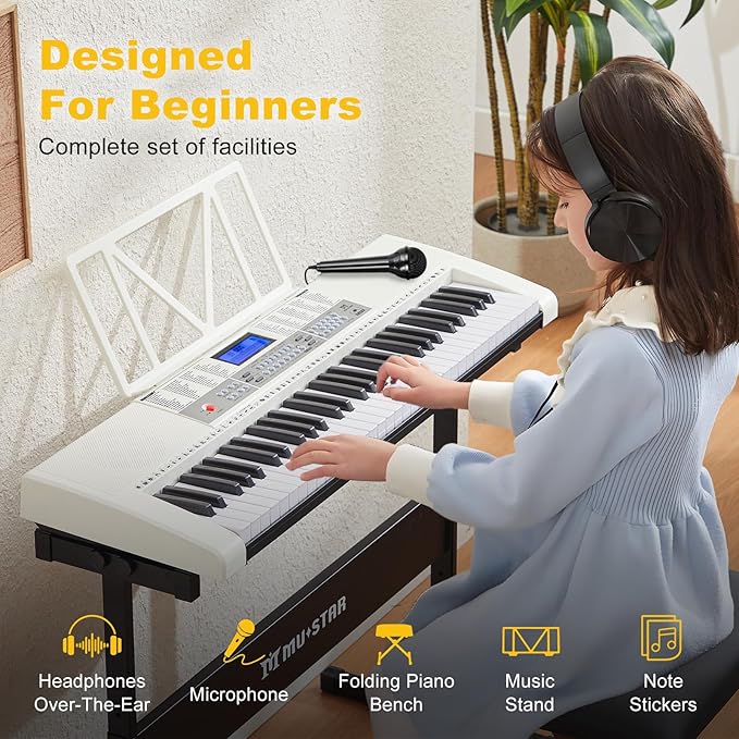 61 Key Piano Keyboard, Electric Keyboard Piano with Light-Up Keys, 255 Tones/Rhythms, Smart Learning System, Headphone, Microphone, Keyboard Stand, Stool, Stickers, Piano Keyboard Set for Beginners