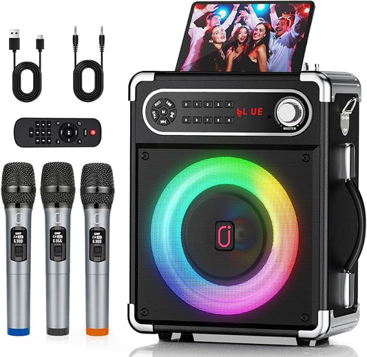 Karaoke Machine with 3 Wireless Microphones for Adults/Kids, Portable Bluetooth 5.3 Karaoke Speaker, Home Party Speaker with Disco Lights for Outdoor, PA System Supports TWS and TV connectivity