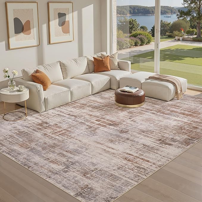 Area Rug for Living Room: 9x12 Washable Neutral Abstract Modern Soft Rugs Non Slip Indoor Floor Stain Resistant Large Carpet for Bedroom Dining Room Office Nursery - Red Brown