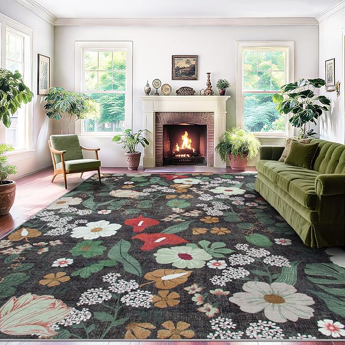 8x10 Area Rug for Living Room: Vintage Floral Washable Rug Soft Boho Non Slip Carpet Large Indoor Floor Non Shedding Low Pile Thin Carpets for Bedroom Dining Room Farmhouse Nursery Home Office Green