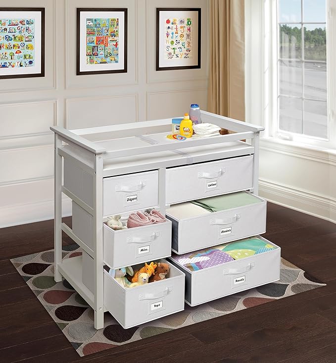 Badger Basket Modern Baby Changing Table - Diaper Station Organizer with 6 Storage Drawers, Reversible Baskets, Safety Rails - Baby Nursery Furniture with Changing Pad and Belt - White