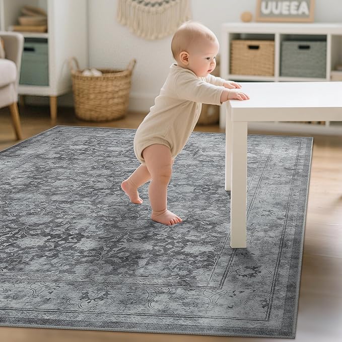 5x7 Washable Area Rug for Living Room, Non Slip Vintage Floral Rugs for Bedroom, Retro Indoor Floor Carpet for Kitchen, Dining Room, Farmhouse, Classroom (Distressed Grey)