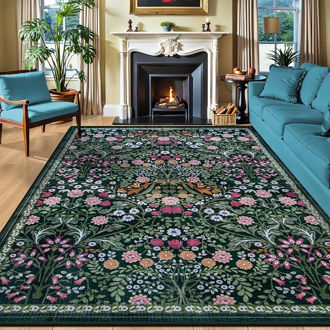 Area Rugs 9x12 Living Room: Floral Washable Rug Vintage Large Soft Boho Non-Slip Carpet Indoor Floor Stain Resistant Low Pile Carpets for Bedroom Dining Room Farmhouse Nursery Home Office Dark Green