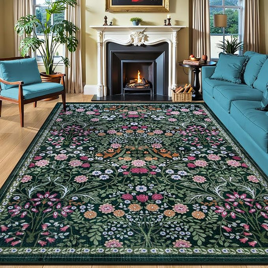 8x10 Area Rugs for Living Room: Floral Washable Rug Vintage Large Soft Boho Non-Slip Carpet Indoor Floor Stain Resistant Carpets for Bedroom Dining Room Farmhouse Nursery Home Office Dark Green